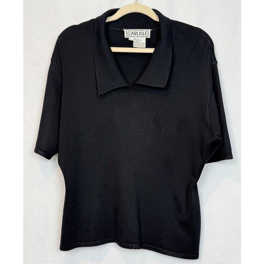 Vintage Carlisle 89% Silk Open Collar Polo Top Black Short Sleeve Size L